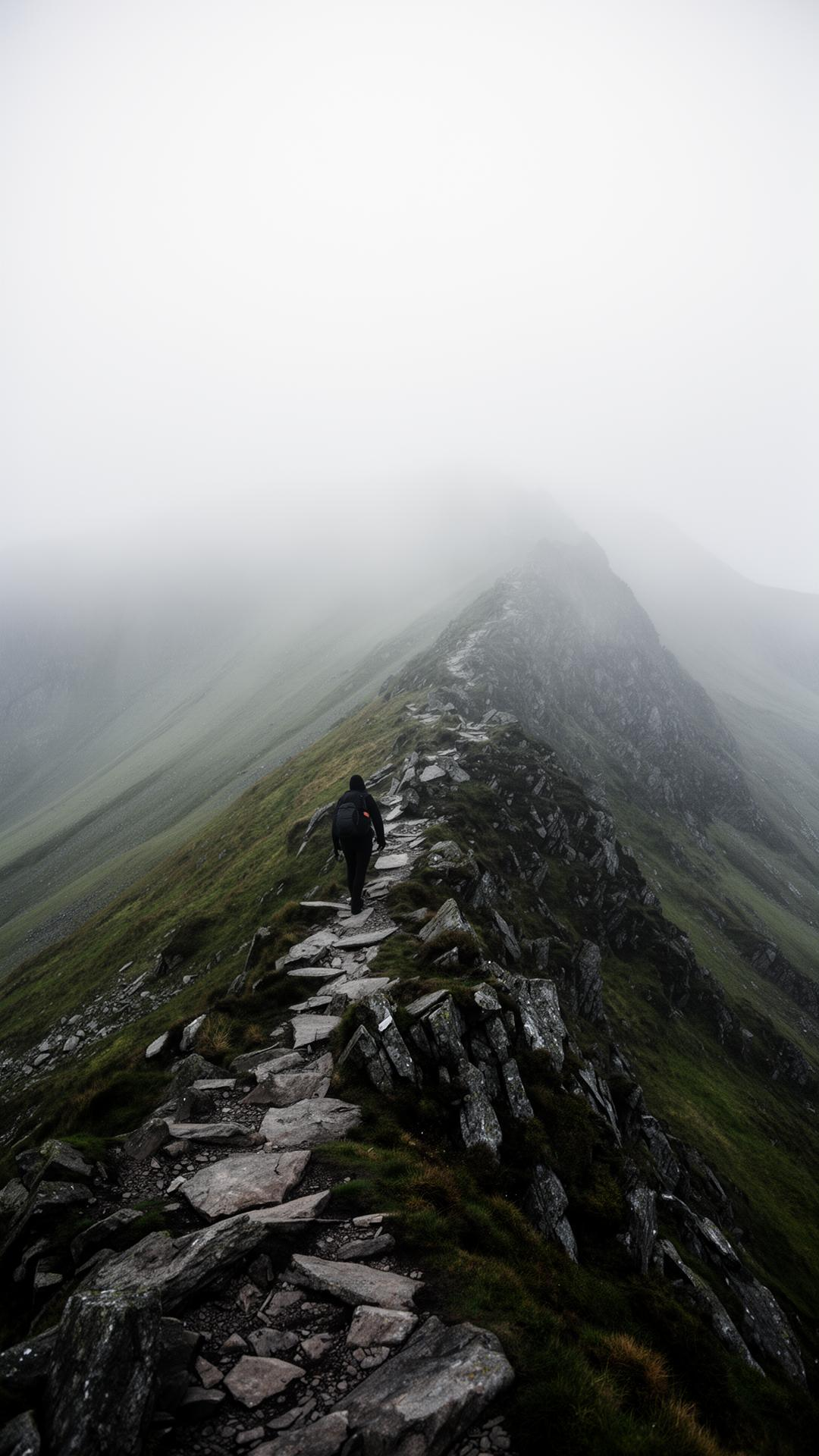 A hiker on a misty Brecon Beacons ridgeline.